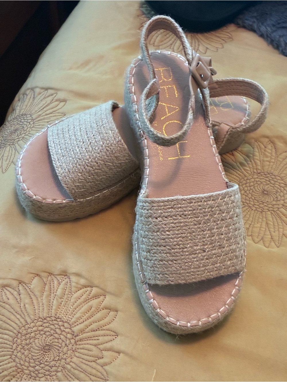 Matisse Beige Woven Espadrille Platform Sandals. Ankle buckle